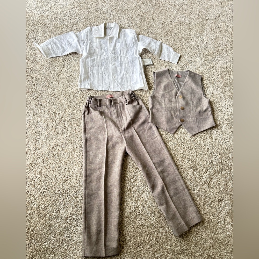 Boys' White Linen Shirt and Tan Vest and pants 3 pieces Suit Set